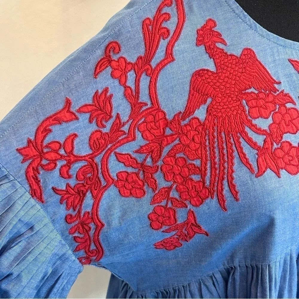 Anthropologie Hemant & Nandita Women's blue red Embroidered Lianna Top Blouse S - Picture 9 of 14